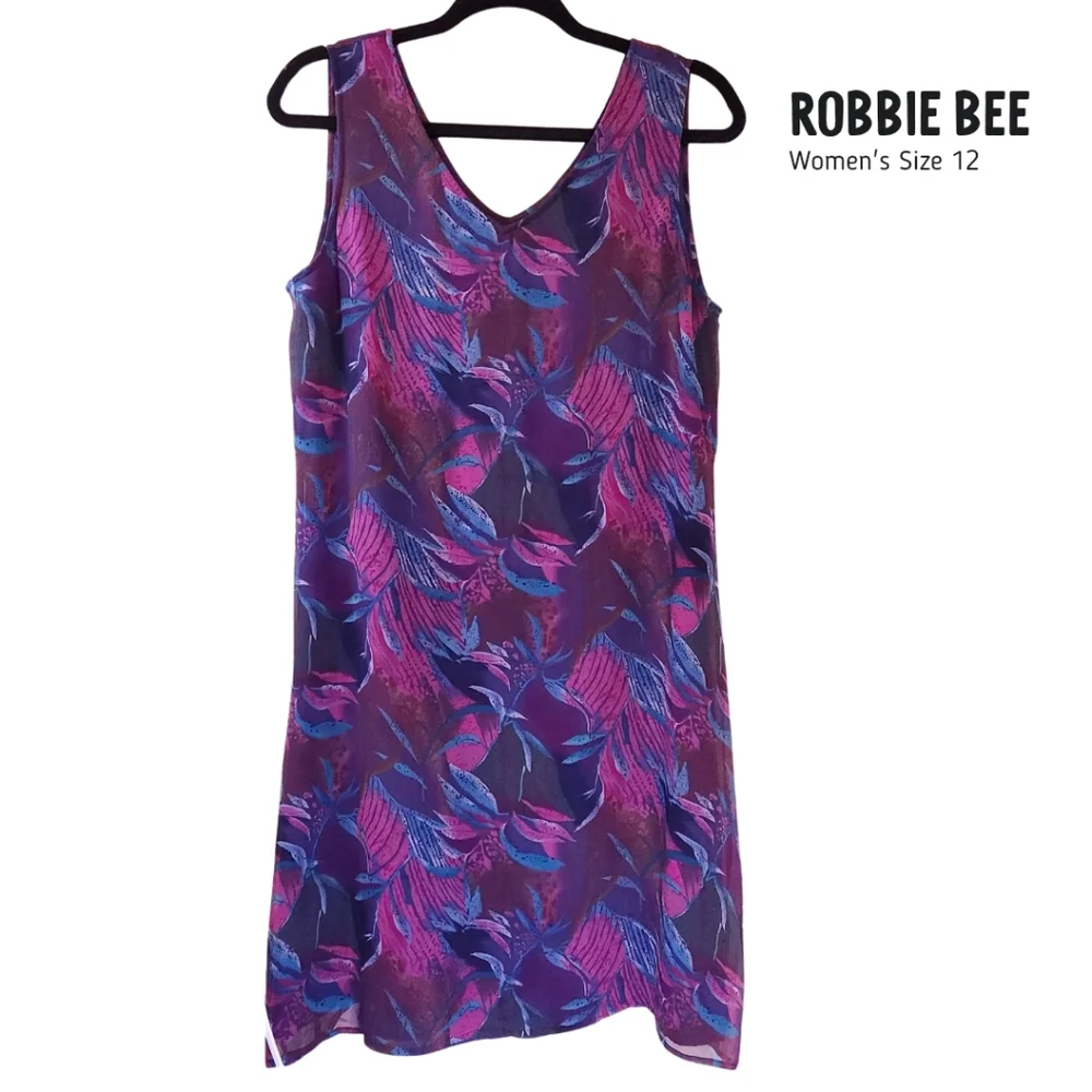 Robbie Bee Vintage Silk Shift Dress Botanical Pattern Sz 12 Vacation Resort - Picture 1 of 9